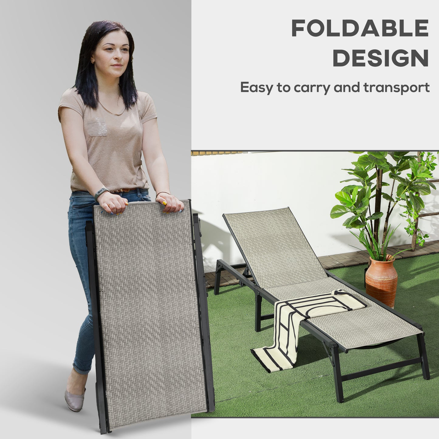 Outsunny Foldable Outdoor PE Rattan Sun Lounger Set of 2, Patio Wicker Recliners Lounge Chair with 5-Level Adjustable Backrest, for Poolside, Garden in Mixed Grey-4