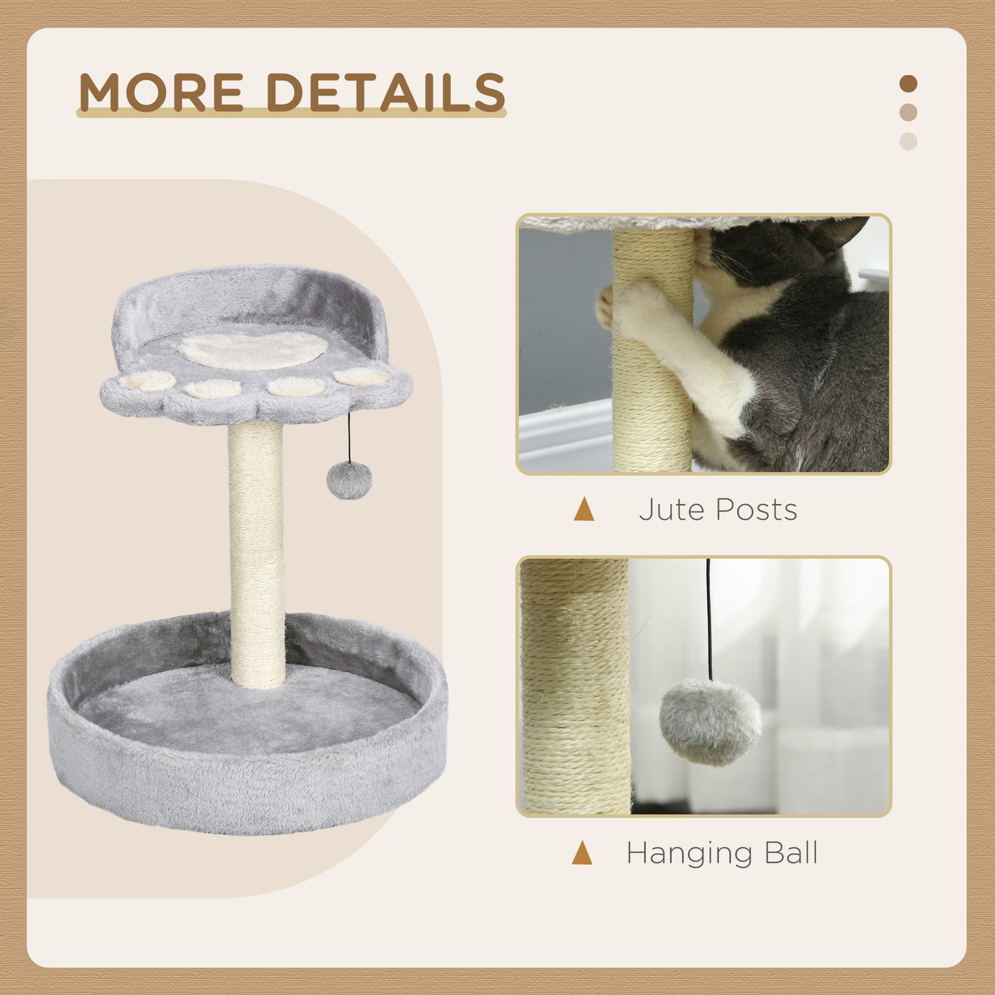 44cm Cat Tower with Sisal Cat Scratching Post, Cat Claw Shape, Light Grey | PawHut-3