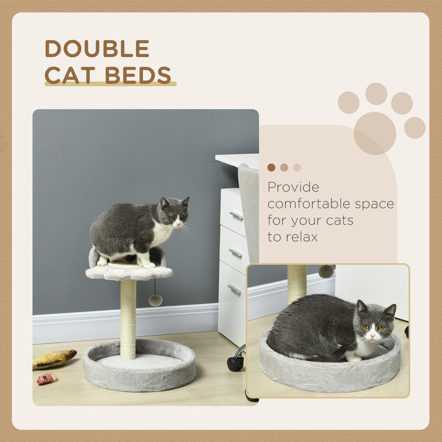 44cm Cat Tower with Sisal Cat Scratching Post, Cat Claw Shape, Light Grey | PawHut-2