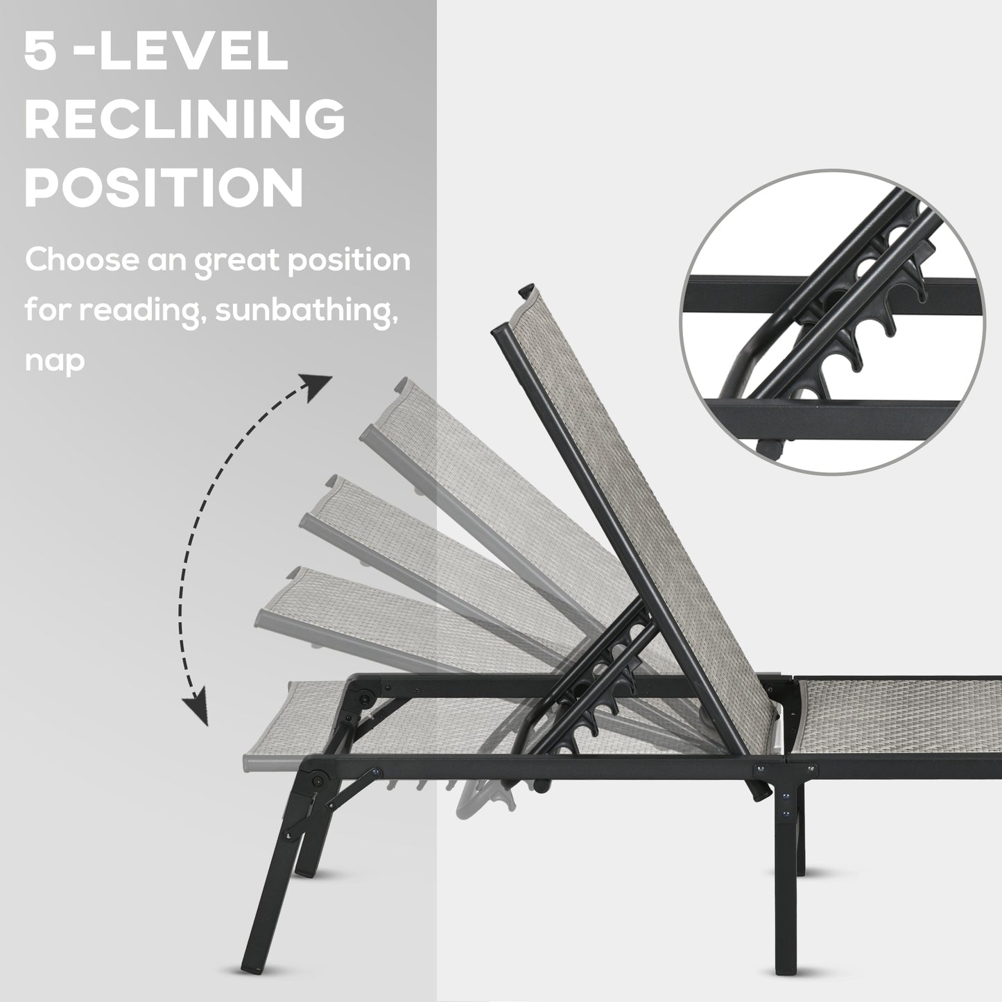 Outsunny Foldable Outdoor PE Rattan Sun Lounger Set of 2, Patio Wicker Recliners Lounge Chair with 5-Level Adjustable Backrest, for Poolside, Garden in Mixed Grey-3