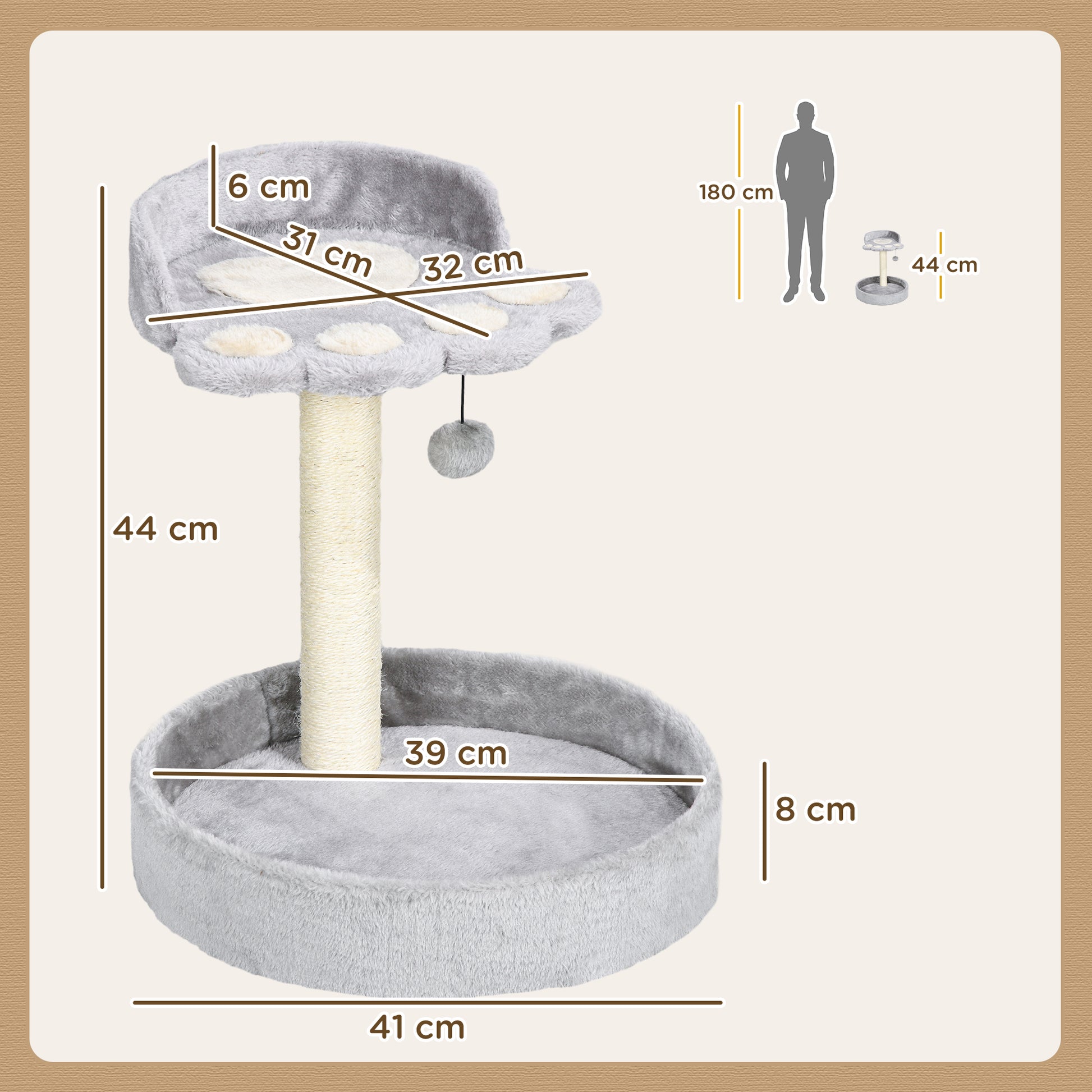 44cm Cat Tower with Sisal Cat Scratching Post, Cat Claw Shape, Light Grey | PawHut-1