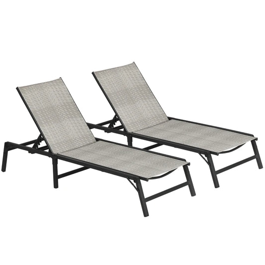 Outsunny Foldable Outdoor PE Rattan Sun Lounger Set of 2, Patio Wicker Recliners Lounge Chair with 5-Level Adjustable Backrest, for Poolside, Garden in Mixed Grey-0